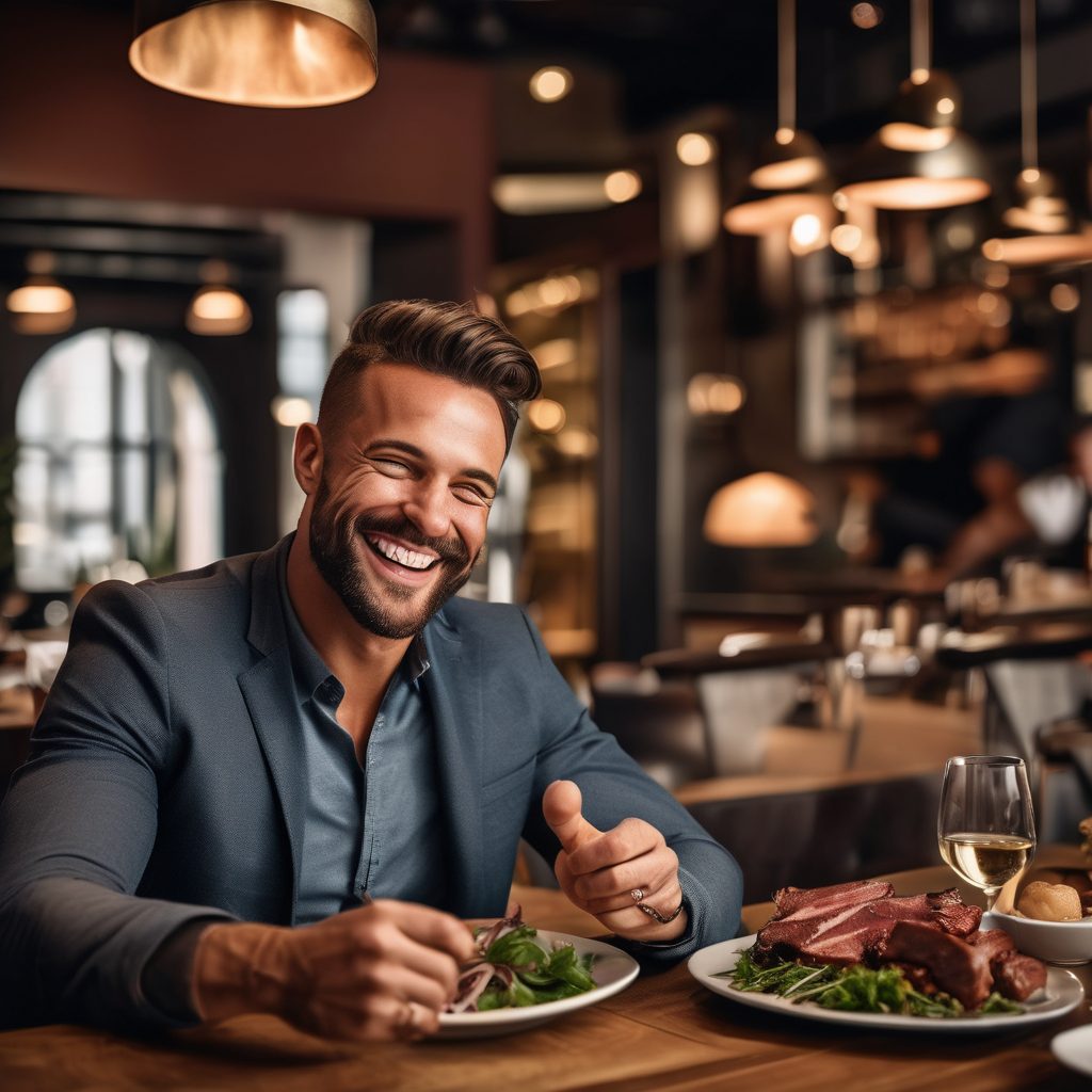 A diner smiling over a plate of ribs and greens in a restaurant
