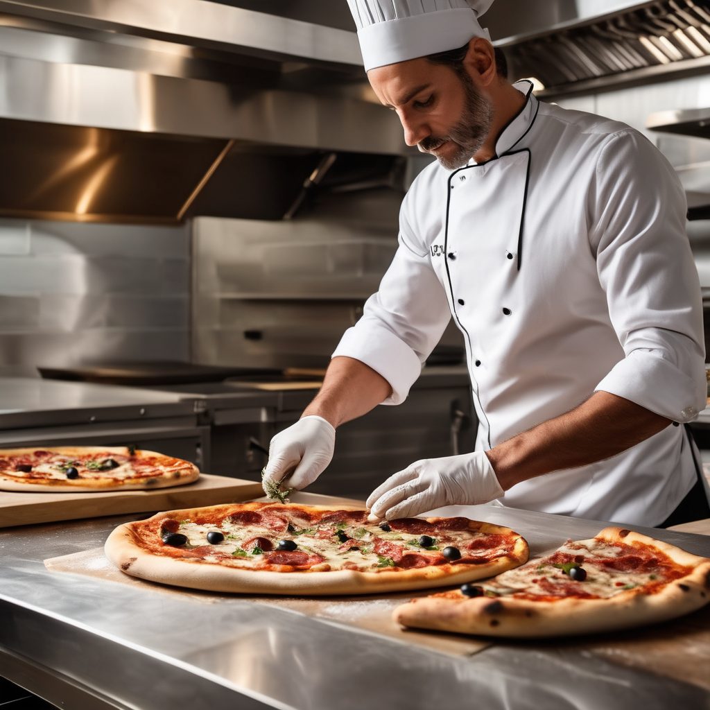 Professional pizza chef demonstrating culinary expertise in modern commercial kitchen