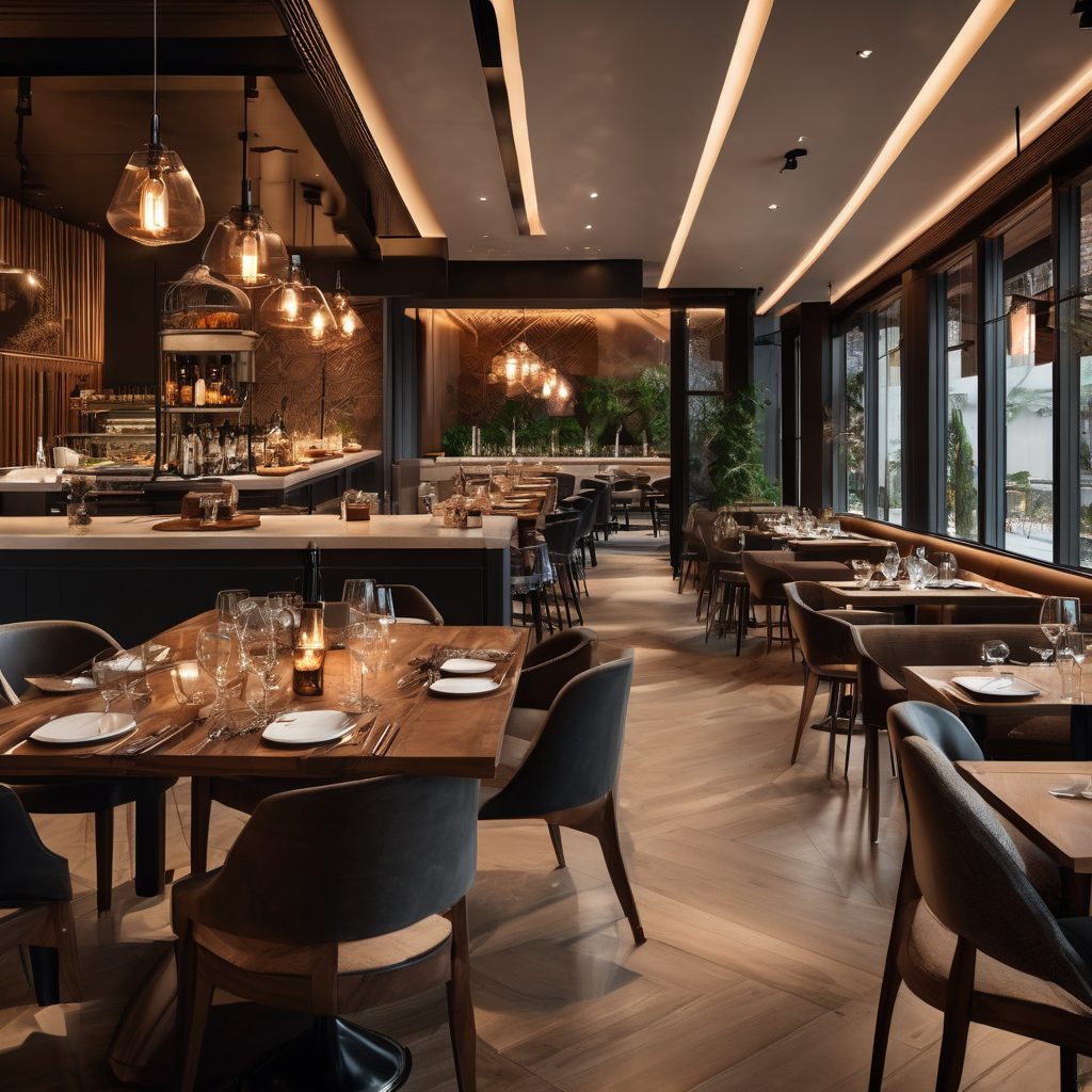 A restaurant dining room set with long tables for a group meal