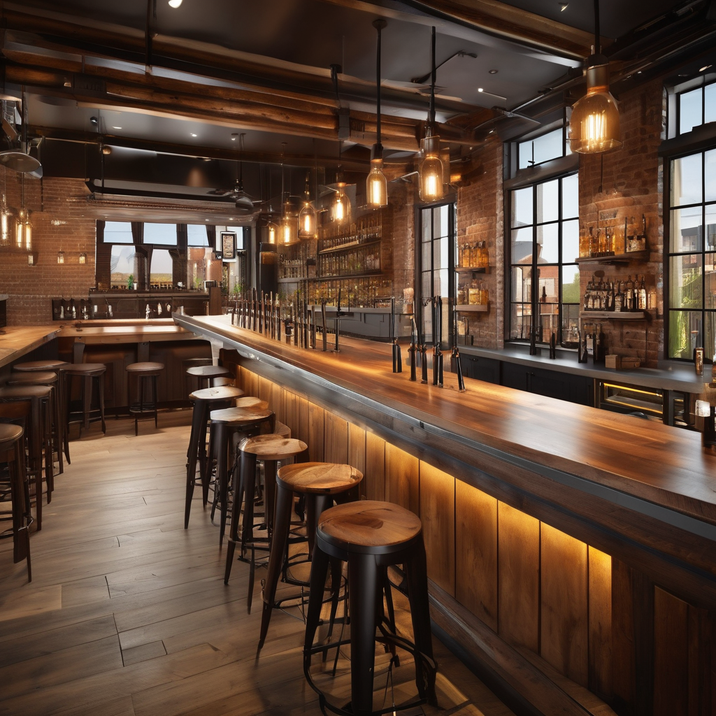 Craft brewery taproom with multiple beer taps and modern atmosphere
